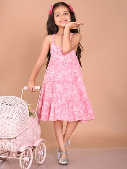 Lilpicks - Floral Printed Criss Cross Strappy Sleeveless Drop Waist Dress Pink