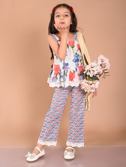 Lilpicks - Floral Printed Strappy Peplum Top with Palazzo White (Set of 2)