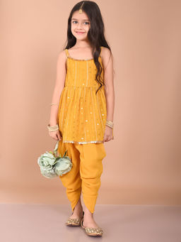 Lilpicks - Sequined Peplum Strappy Kurta with Dhoti Pants Yellow (Set of 2)