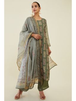 Soch - Women Olive Chanderi Embroidered Dress Material (Set of 3)