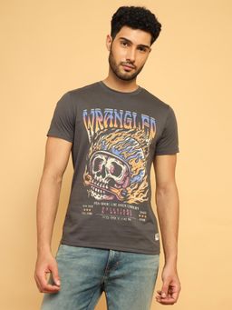 Wrangler - Men Printed Grey Crew Neck Regular Fit T-Shirt