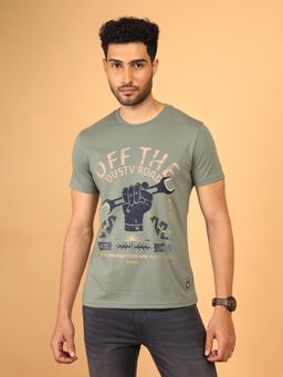 Wrangler - Men Printed Green Crew Neck Regular Fit T-Shirt