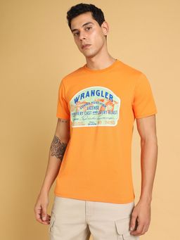 Wrangler - Men Printed Orange Crew Neck Regular Fit T-Shirt