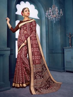 Akhilam - Womens Bhagalpuri Silk Brown Printed Designer Saree with Unstitched Blouse