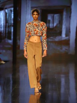 Nirmooha - Embroidered Power Shoulder Crop Top with Straight Pants (Set of 2)