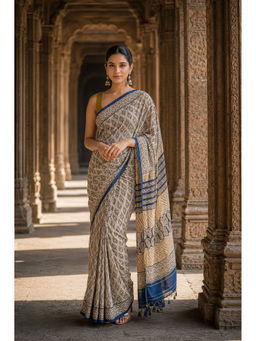 AMRUTKALA SAREES - Beige Linen Printed Saree with Unstitched Blouse