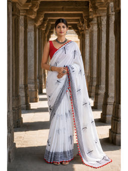 AMRUTKALA SAREES - White Printed Designer Linen Saree with Unstitched Blouse