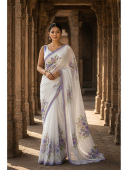 AMRUTKALA SAREES - White Floral Print Designer Linen Saree with Unstitched Blouse