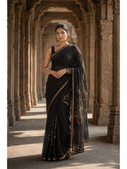 AMRUTKALA SAREES - Black Floral Designer Linen Saree with Unstitched Blouse