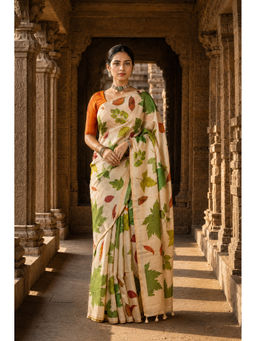 AMRUTKALA SAREES - Beige Designer Linen Print Saree with Unstitched Blouse