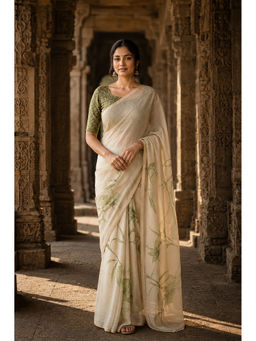 AMRUTKALA SAREES - Beige Designer Linen Floral Printed Saree with Unstitched Blouse