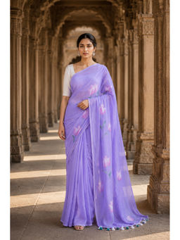 AMRUTKALA SAREES - Designer Linen Purple Floral Saree with Unstitched Blouse