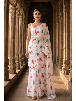AMRUTKALA SAREES - Designer Linen White Printed Saree with Unstitched Blouse