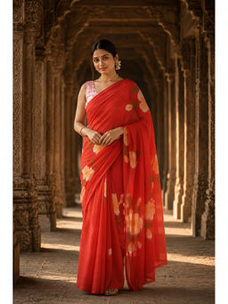 AMRUTKALA SAREES - Red Floral Designer Linen Saree with Unstitched Blouse