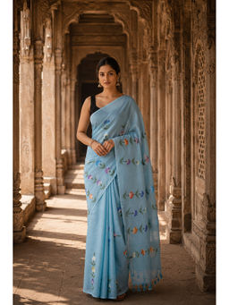 AMRUTKALA SAREES - Designer Linen Blue Floral Saree with Unstitched Blouse