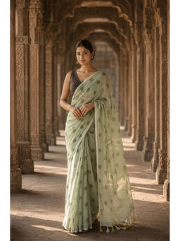 AMRUTKALA SAREES - Green Linen Polka Dots Saree with Unstitched Blouse