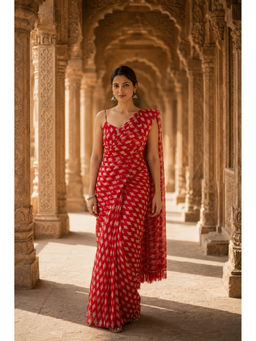AMRUTKALA SAREES - Red Designer Linen Geometric Saree with Unstitched Blouse