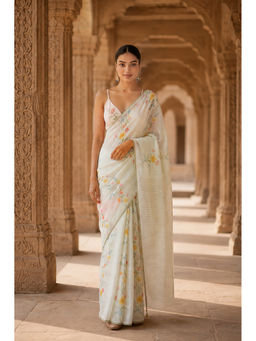AMRUTKALA SAREES - White Designer Linen Floral Printed Saree with Unstitched Blouse
