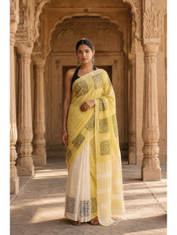 AMRUTKALA SAREES - Designer Linen Yellow Floral Saree with Unstitched Blouse
