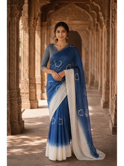 AMRUTKALA SAREES - Floral Blue Designer Linen Saree with Unstitched Blouse