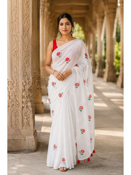 AMRUTKALA SAREES - Designer Linen White Floral Saree with Unstitched Blouse