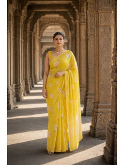 AMRUTKALA SAREES - Floral Yellow Designer Linen Saree with Unstitched Blouse