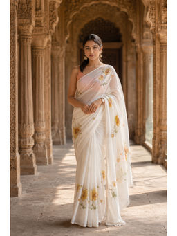 AMRUTKALA SAREES - White Designer Floral Saree with Unstitched Blouse