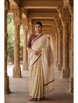 AMRUTKALA SAREES - Beige Designer Floral Saree with Unstitched Blouse