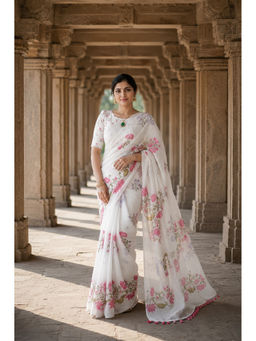 AMRUTKALA SAREES - Designer Linen Floral White Saree with Unstitched Blouse