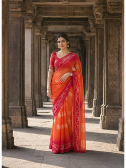 AMRUTKALA SAREES - Red Designer Linen Floral Print Saree with Unstitched Blouse