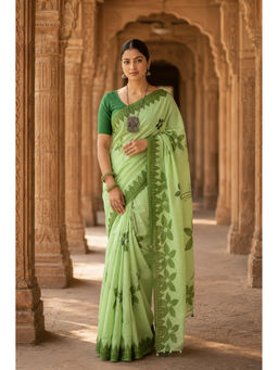 AMRUTKALA SAREES - Floral Green Designer Linen Saree with Unstitched Blouse