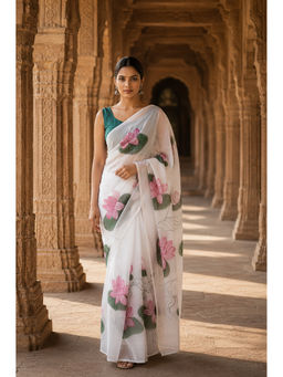 AMRUTKALA SAREES - White Linen Floral Saree with Unstitched Blouse