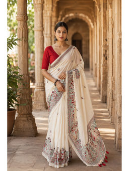 AMRUTKALA SAREES - Cream Designer Linen Printed Saree with Unstitched Blouse