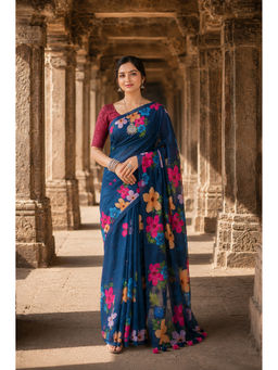 AMRUTKALA SAREES - Blue Floral Print Designer Linen Saree with Unstitched Blouse