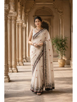 AMRUTKALA SAREES - Designer Linen Floral Beige Saree with Unstitched Blouse