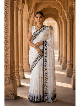 AMRUTKALA SAREES - Designer Linen Printed White Saree with Unstitched Blouse