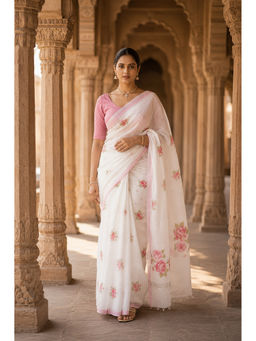 AMRUTKALA SAREES - White Designer Linen Floral Saree with Unstitched Blouse