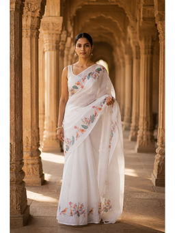 AMRUTKALA SAREES - White Designer Linen Print Saree with Unstitched Blouse