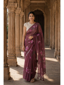 AMRUTKALA SAREES - Brown Designer Linen Floral Saree with Unstitched Blouse