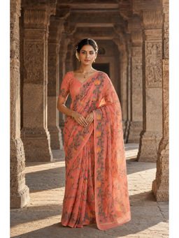 AMRUTKALA SAREES - Orange Linen Floral Saree with Unstitched Blouse