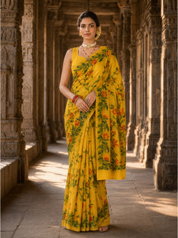 AMRUTKALA SAREES - Yellow Designer Linen Floral Print Saree with Unstitched Blouse