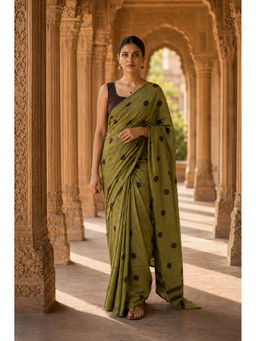 AMRUTKALA SAREES - Green Designer Linen Polka Dots Saree with Unstitched Blouse
