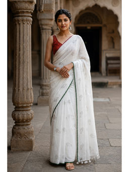 AMRUTKALA SAREES - White Linen Printed Saree with Unstitched Blouse