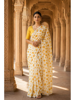 AMRUTKALA SAREES - Designer Linen Yellow Printed Saree with Unstitched Blouse