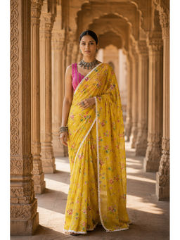 AMRUTKALA SAREES - Yellow Floral Print Designer Linen Saree with Unstitched Blouse