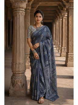 AMRUTKALA SAREES - Grey Designer Linen Printed Saree with Unstitched Blouse
