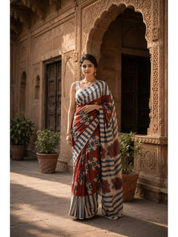 AMRUTKALA SAREES - Red Designer Linen Floral Printed Saree with Unstitched Blouse
