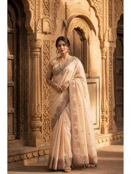 AMRUTKALA SAREES - Beige Designer Linen Floral Saree with Unstitched Blouse
