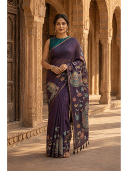 AMRUTKALA SAREES - Purple Designer Linen Floral Saree with Unstitched Blouse