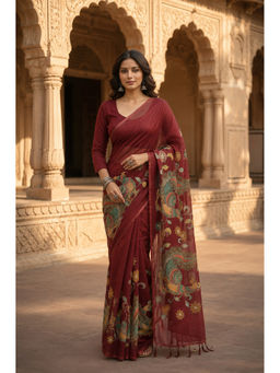 AMRUTKALA SAREES - Red Designer Linen Floral Saree with Unstitched Blouse